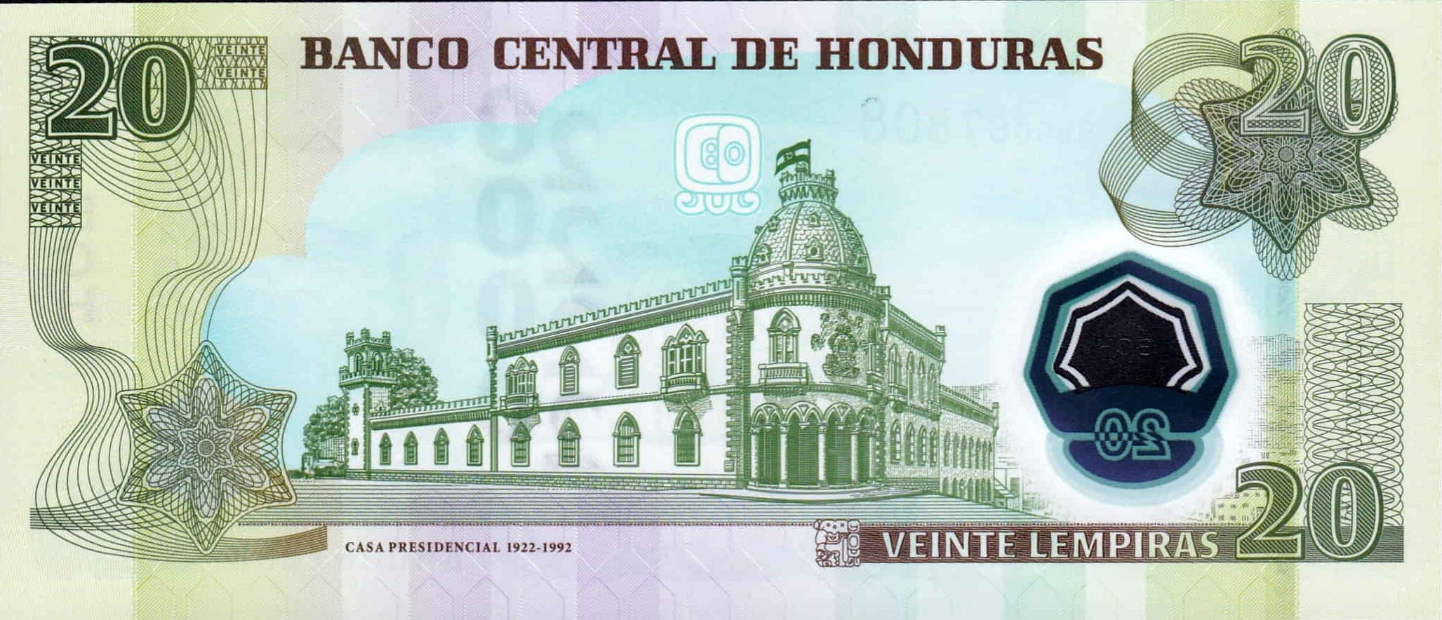 Honduras P-95b 20 Lempiras 2008 UNC—Polymer—José Herrera—Presidential House