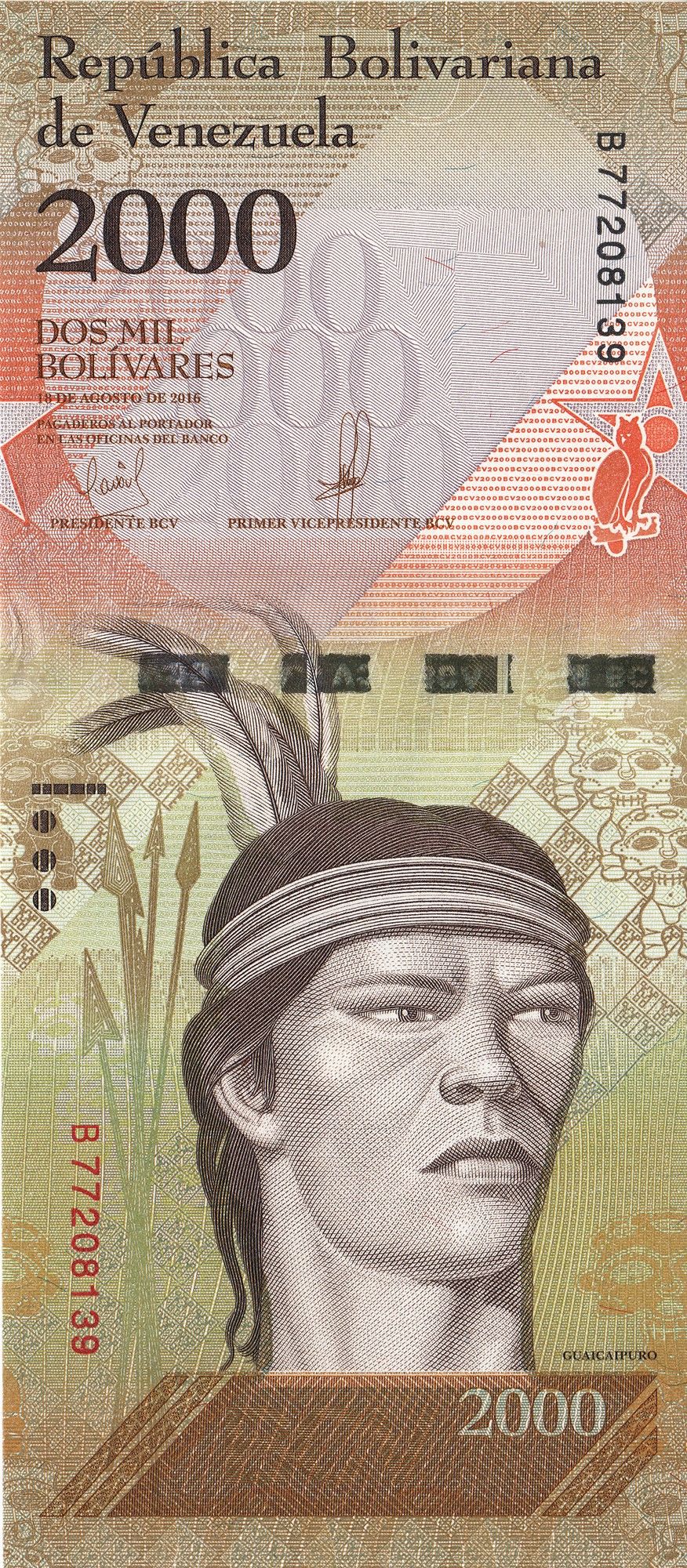 | 100 pcs lot bundle UNC—100x Venezuela P-96 CLEARANCE 2000 Bolivares Fuertes 2016 UNC—Indigenous Leader