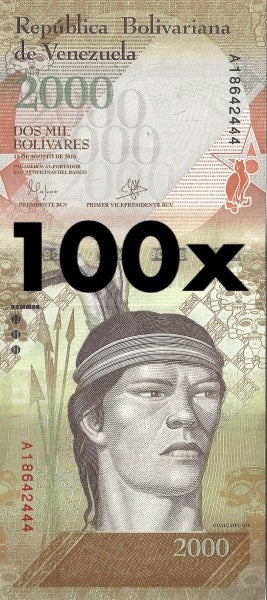 | 100 pcs lot bundle UNC—100x Venezuela P-96 CLEARANCE 2000 Bolivares Fuertes 2016 UNC—Indigenous Leader