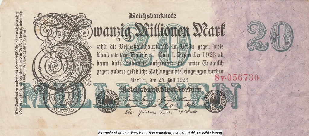 Germany P-97b 20000000 marks 20 million marks 1923 Very Fine Plus—Long—Blank Back