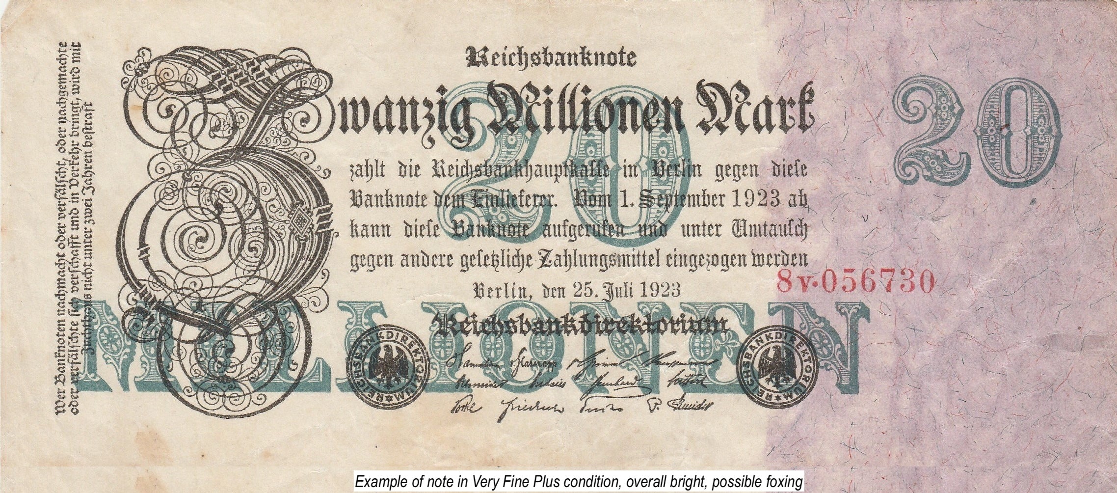 Germany P-97b 20000000 marks 20 million marks 1923 Very Fine Plus—Long—Blank Back