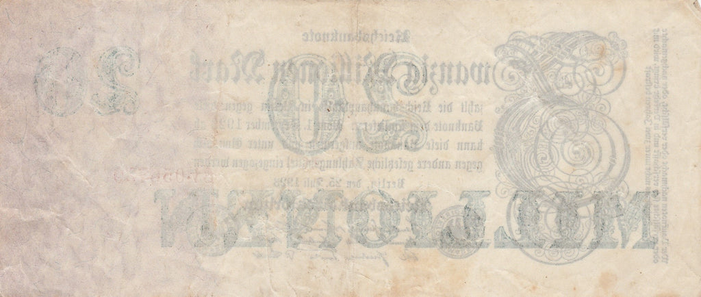 Germany P-97b 20000000 marks 20 million marks 1923 Very Fine Plus—Long—Blank Back