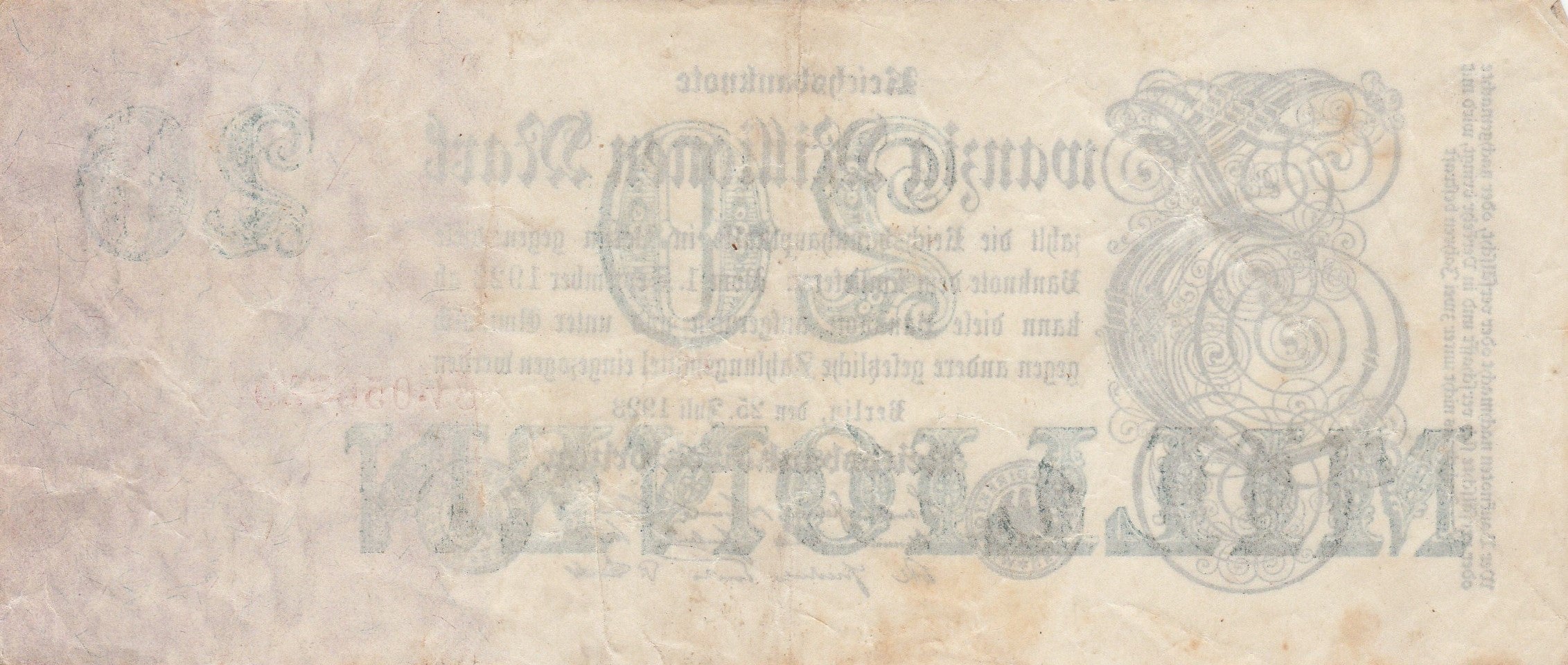 Germany P-97b 20000000 marks 20 million marks 1923 Very Fine Plus—Long—Blank Back