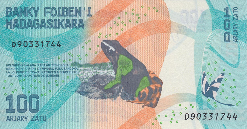 Madagascar P97a 100 Ariary ND(2017) UNC—Poison Frog—Moth—Zebu—Cathedral