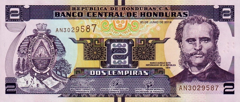 Honduras P-97d B345d 2 Lempiras 2019 UNC