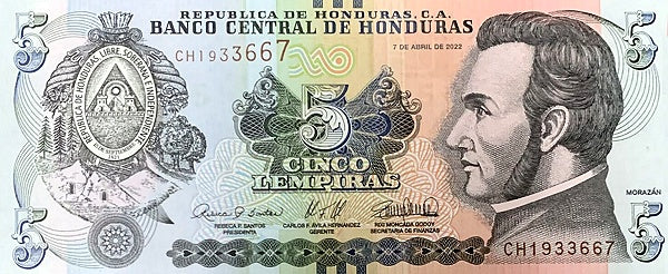 Honduras P-98e B346e 5 Lempiras 2022 UNC—Hero of El Salvador & Costa Rica too