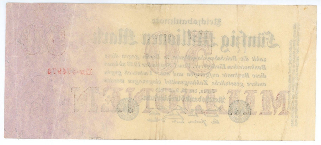 Germany P-98b 50000000 marks 50 million marks 1923 Very Fine—Long—Blank Back