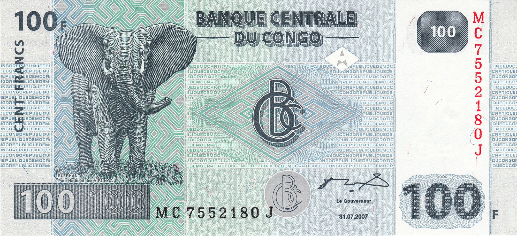 Congo P-98/98A 100 Francs 2007-2022 UNC Elephant