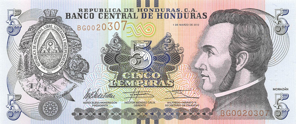 Honduras P-98a 5 Lempiras 2012 UNC—Morazán, Hero of El Salvador & Costa Rica too