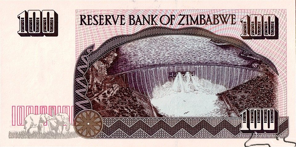 Zimbabwe P-9 100 Dollars 1995—Balancing Rocks—Dam—National Flower—Elephants