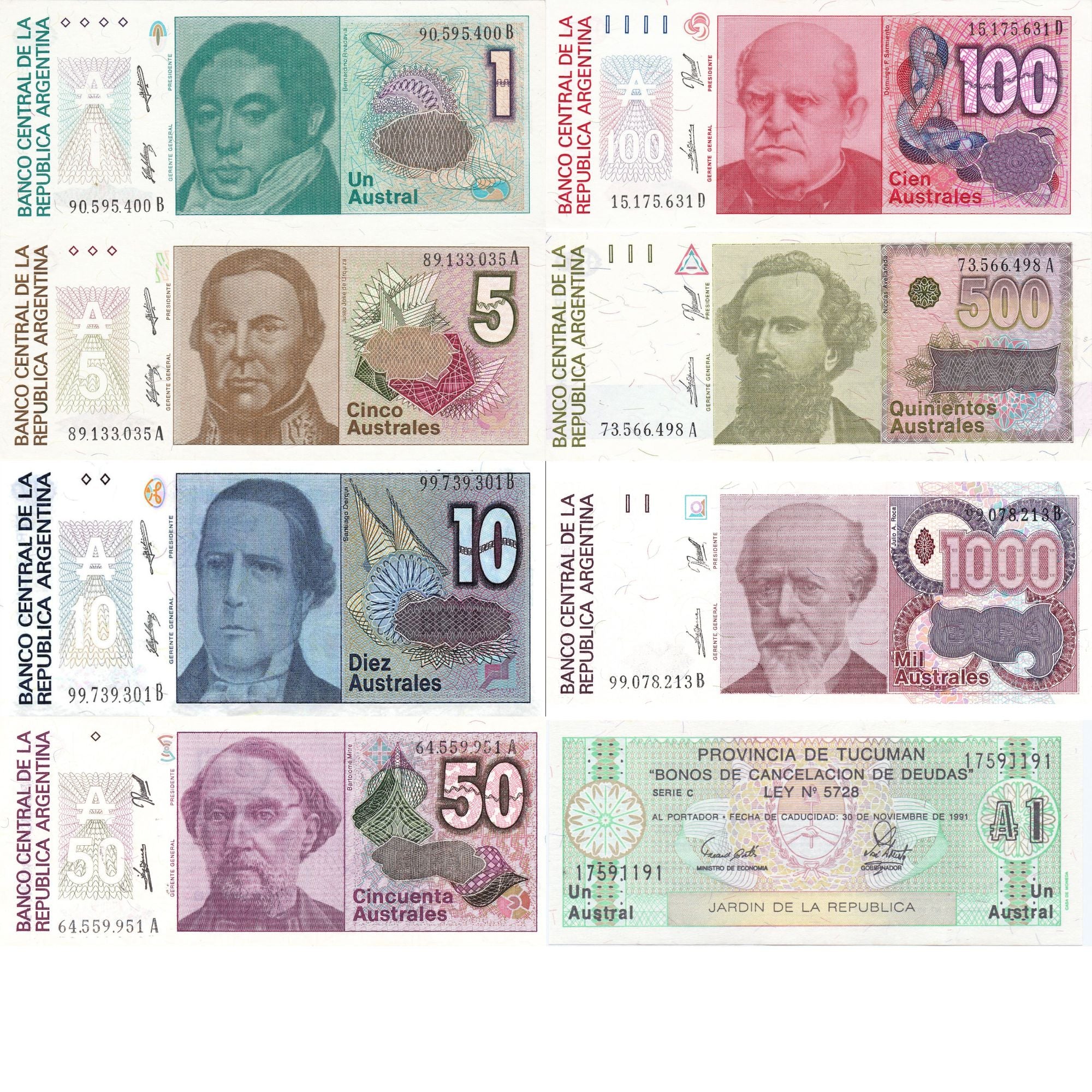 Argentina Australes 8 pcs Set +Bonus 1 5 10 50 100 500 1000 XF-UNC