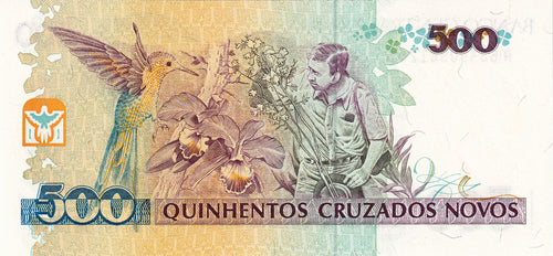 Brazil P226 500 Cruzeiros on P222 500 Cruzados Novos 1990 UNC—hummingbird—orchid—environment