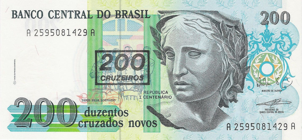 Brazil P225 C212 200 Cruzeiros on P221 200 Cruzados Novos 1990 UNC｜República centennial