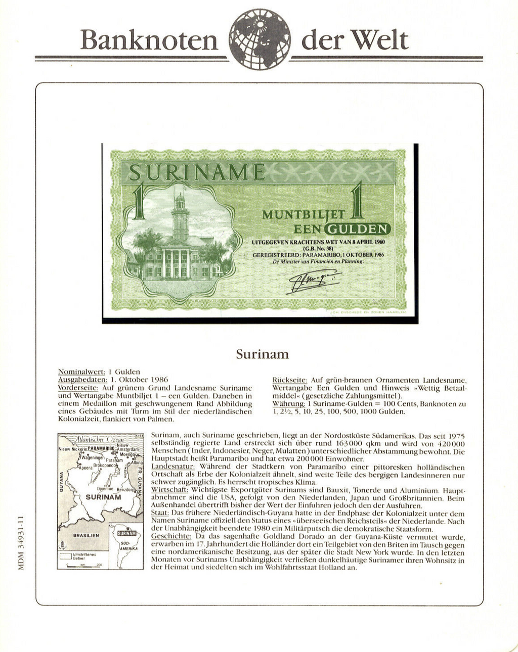 Suriname P116d 1 Gulden 1974—Muntbiljet—Henck Arron—in album page