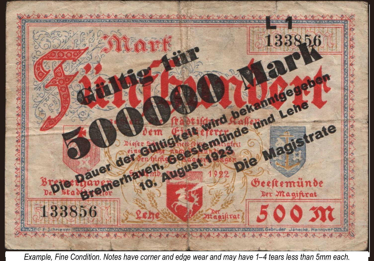Germany—Notgeld—Bremerhaven Geestemünde—500000 Mark o/p 500—Keller 596—Ships