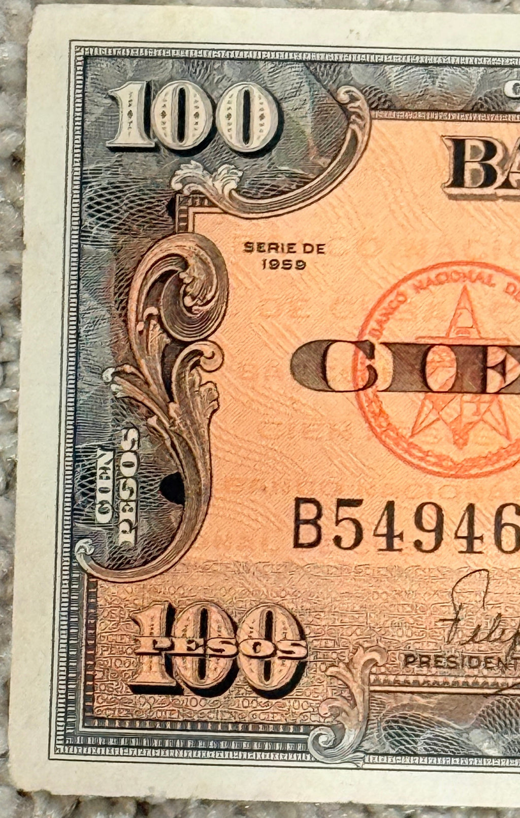 Caribbean P-93a 100 pesos 1959 UNC Crisp Uncirculated BUT not 100% intact