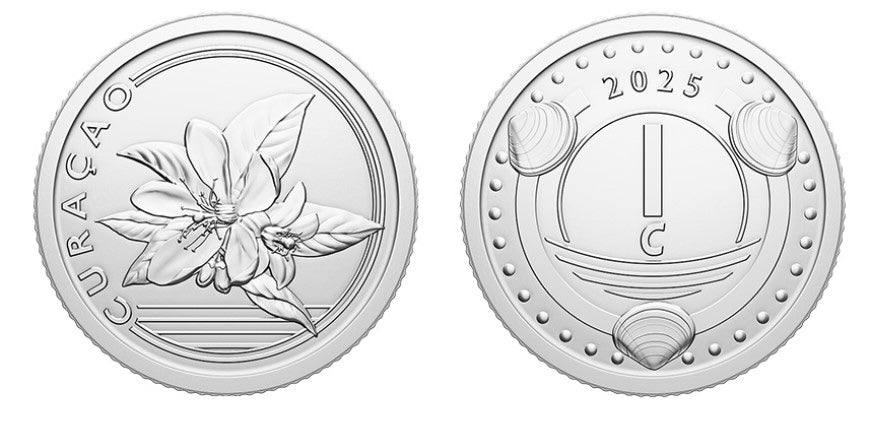 Curacao 1 Cent Coin 2025 UNC—Caribbean Guilder—Orange Blossom—Shells—Pearls