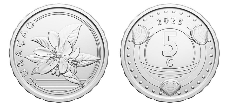 Curacao 5 Cents 2025 UNC—Caribbean Guilder—Orange Blossom—Shells—Pearls