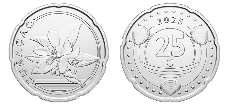 Curacao 25 Cents 2025 UNC—Caribbean Guilder—Orange Blossom—Shells—Pearls