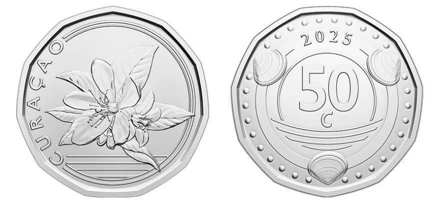 Curacao 50 Cents 2025 UNC—Caribbean Guilder—Orange Blossom—Shells—Pearls