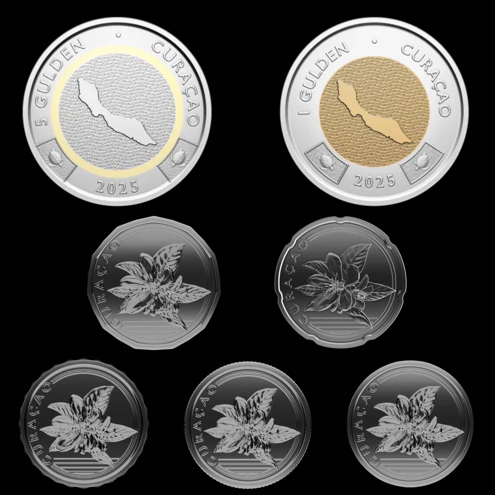 Curacao 7 Coin Set 2025 UNC—1 5 10 25 50 Cents—1 & 5 Guldens—Caribbean Guilder