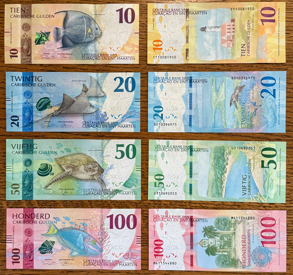 Curacao & Sint Maarten P-1-2-3-4 Set 10 20 50 100 Guldens 2025 UNC—New Currency!