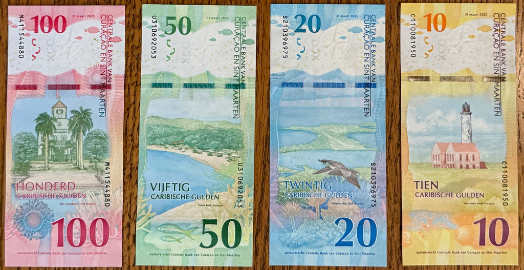 Curacao & Sint Maarten P-1-2-3-4 Set 10 20 50 100 Guldens 2025 UNC—New Currency!