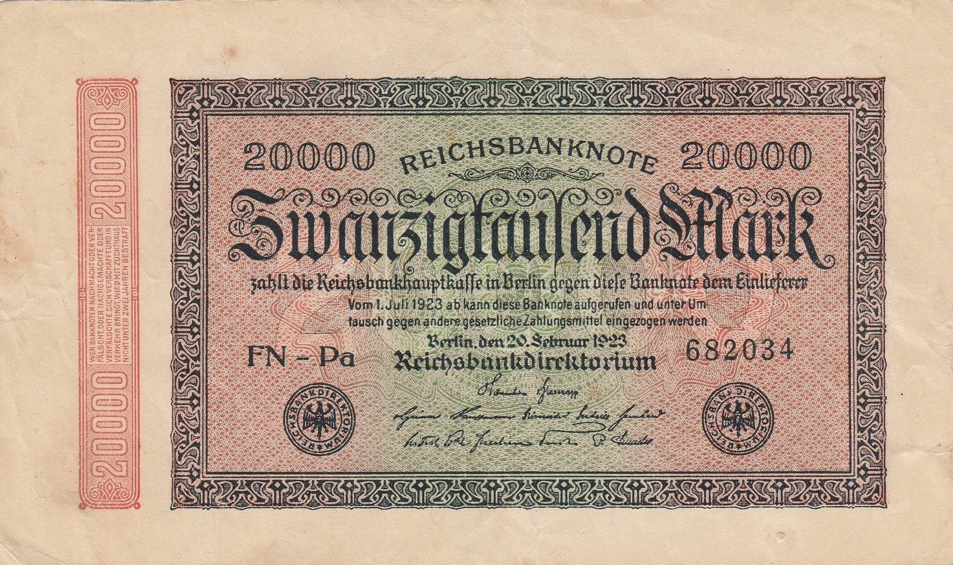 Germany P-85 20000 Marks 1923 VF—Hyperinflation—Star—Reichsbank