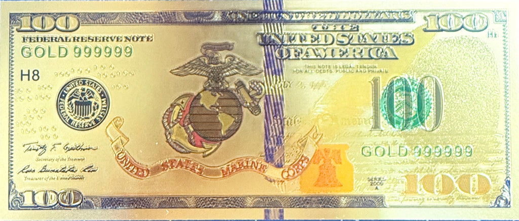 US Military Gold Foil "$100 Bill" #7—Marines #1: Logo & Banner