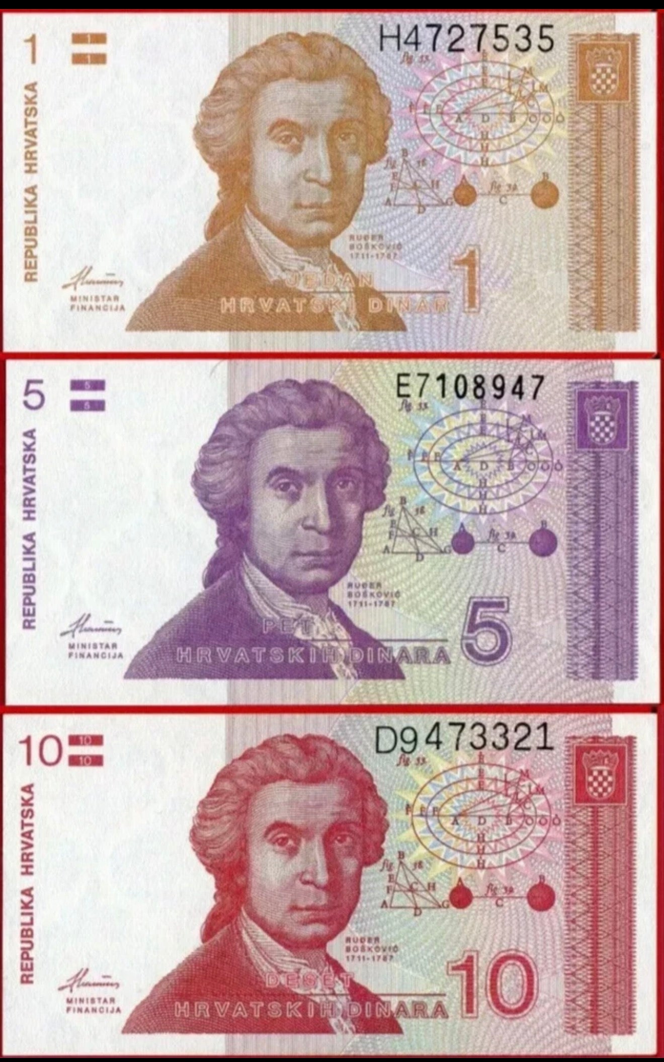 Croatia first banknotes after independence 1991 3 pc set P16 P17 P18 1 5 10 dinara