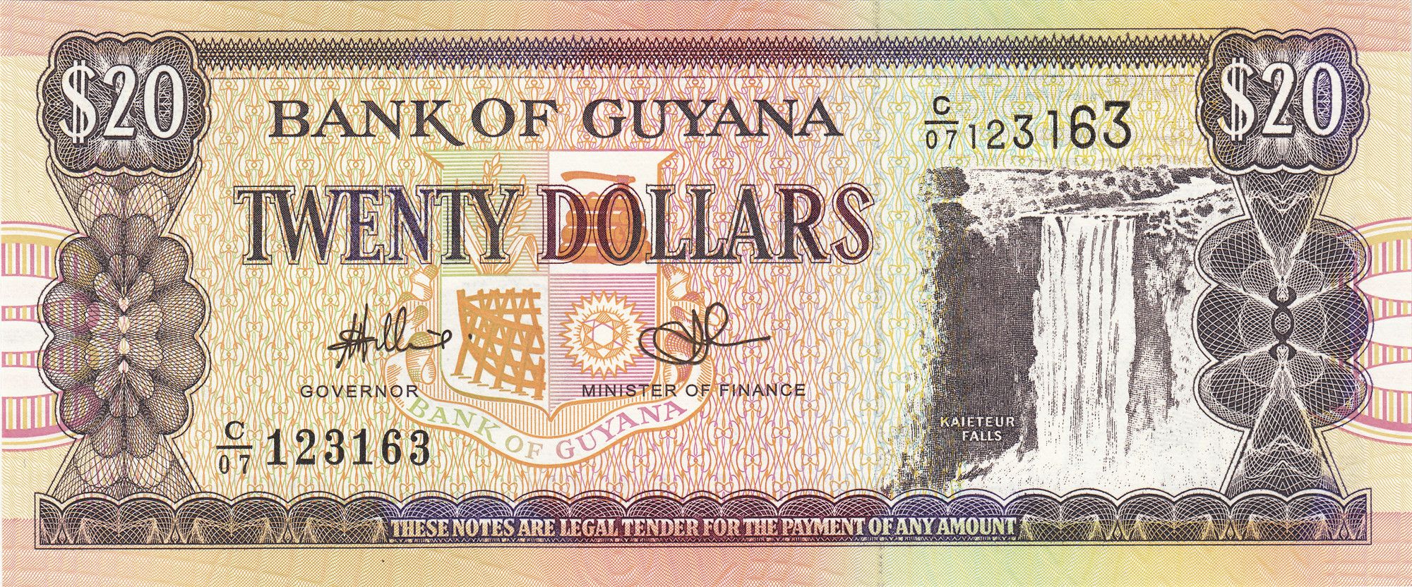 Guyana P-30 20 Dollars 1996-2025 UNC｜Waterfall｜Shipbuilding｜Ferry