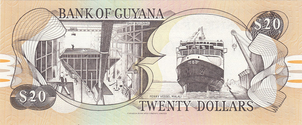 Guyana P-30 20 Dollars 1996-2025 UNC｜Waterfall｜Shipbuilding｜Ferry