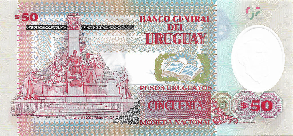 Uruguay P102 POLYMER 50 Pesos Uruguayos 2020 or 2021 UNC—Varela