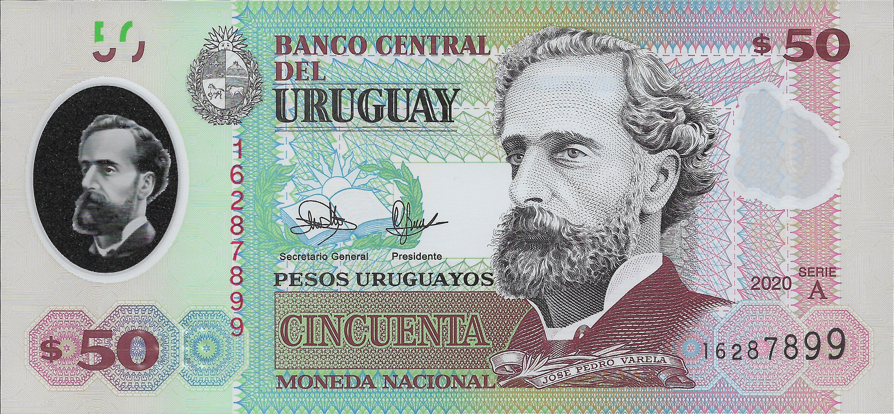 Uruguay P102 POLYMER 50 Pesos Uruguayos 2020 or 2021 UNC—Varela