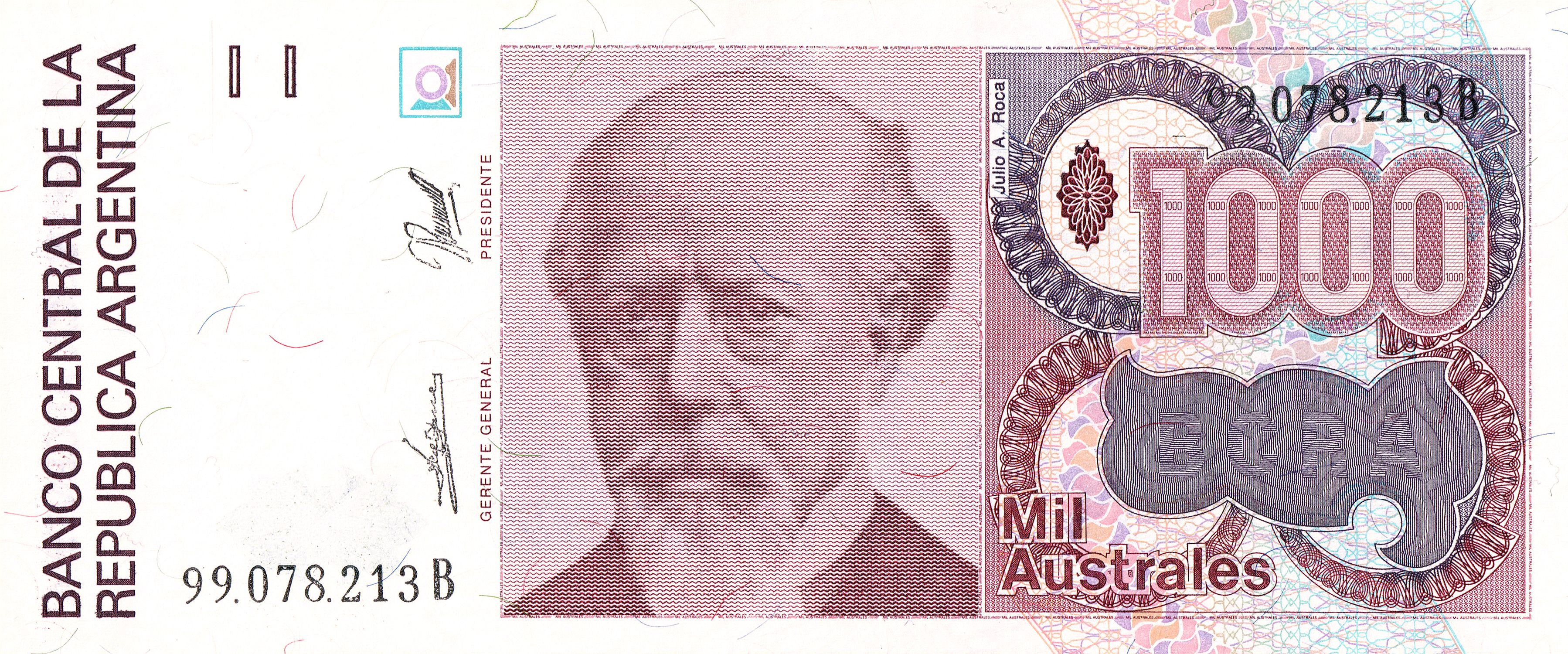 Argentina P-329 1000 Australes 1988-1990 UNC—Ethnic Cleansing General