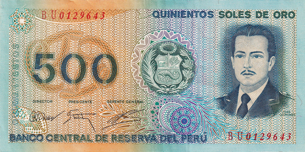 Peru P125A 500 Soles de Oro 1982 UNC—The Hero of Peru’s Aviation—Jungle Logging