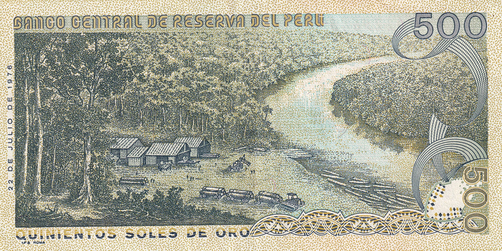 Peru P125A 500 Soles de Oro 1982 UNC—The Hero of Peru’s Aviation—Jungle Logging
