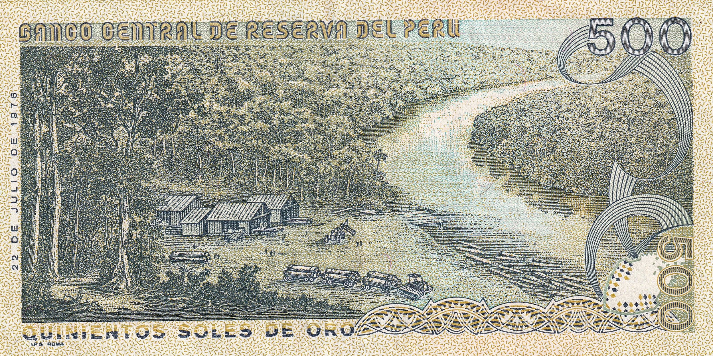 Peru P125A 500 Soles de Oro 1982 UNC—The Hero of Peru’s Aviation—Jungle Logging