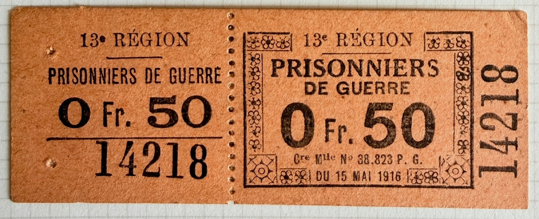 France 50 centimes  XF｜Prisoner of War money World War One 13th Auvergne tête-bêche pair