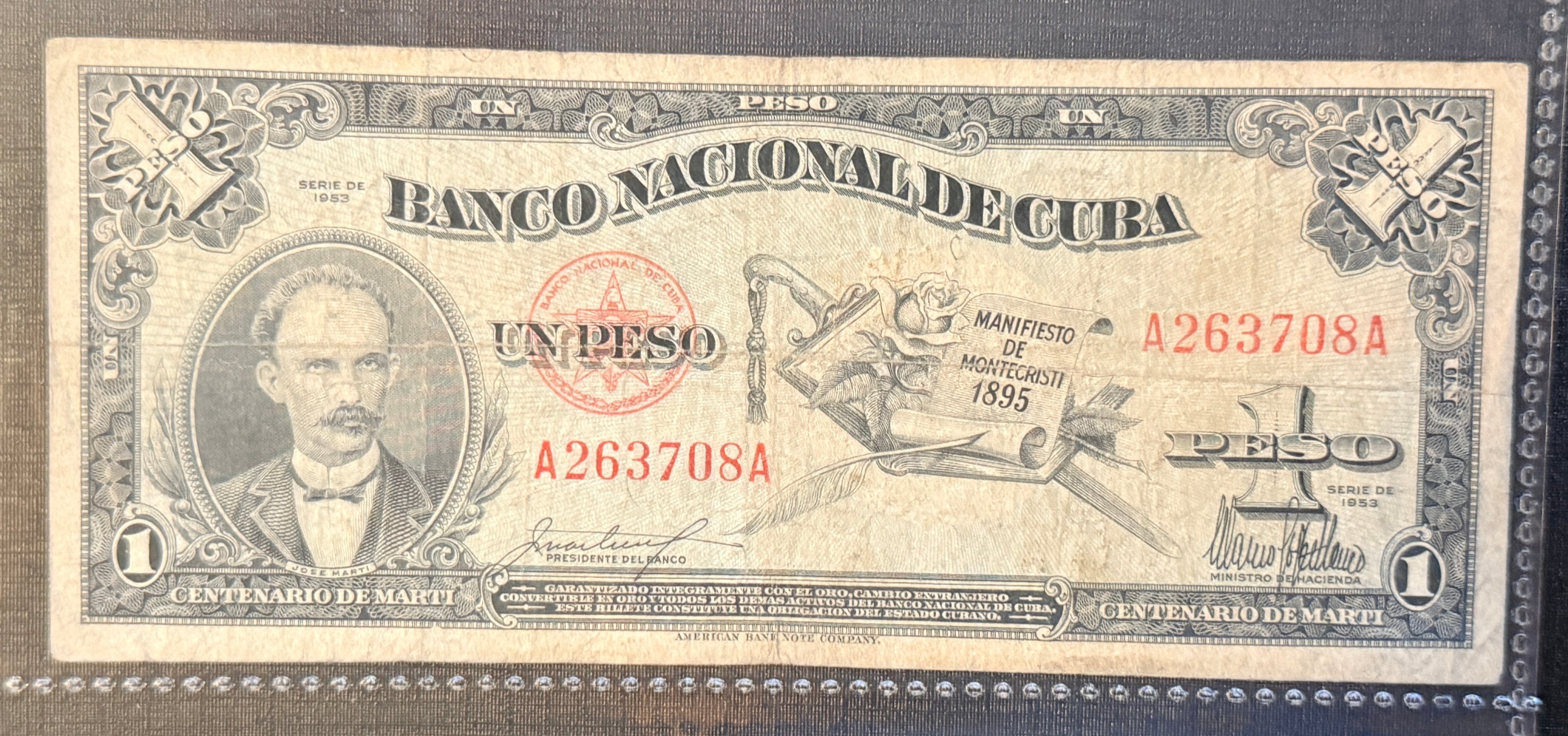 Caribbean P-93 1 peso 1953 FVF RARE commemorative blue 100th anniv. birth of Μαrtί Fine/Very Fine A263708A