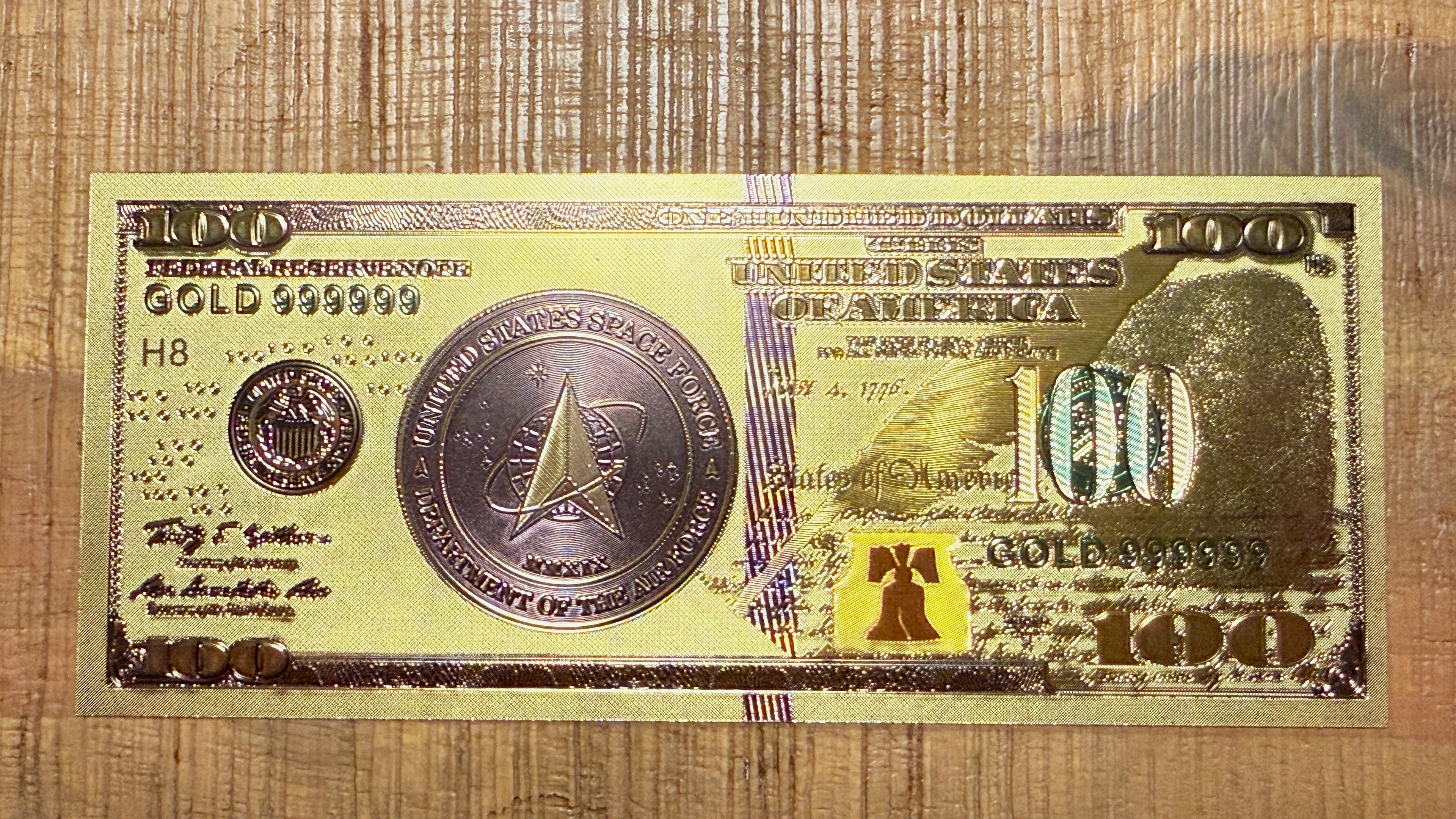 US Military 24K Gold Foil "$100 Bill" #5—Space Force 2: Seal—Independence Hall