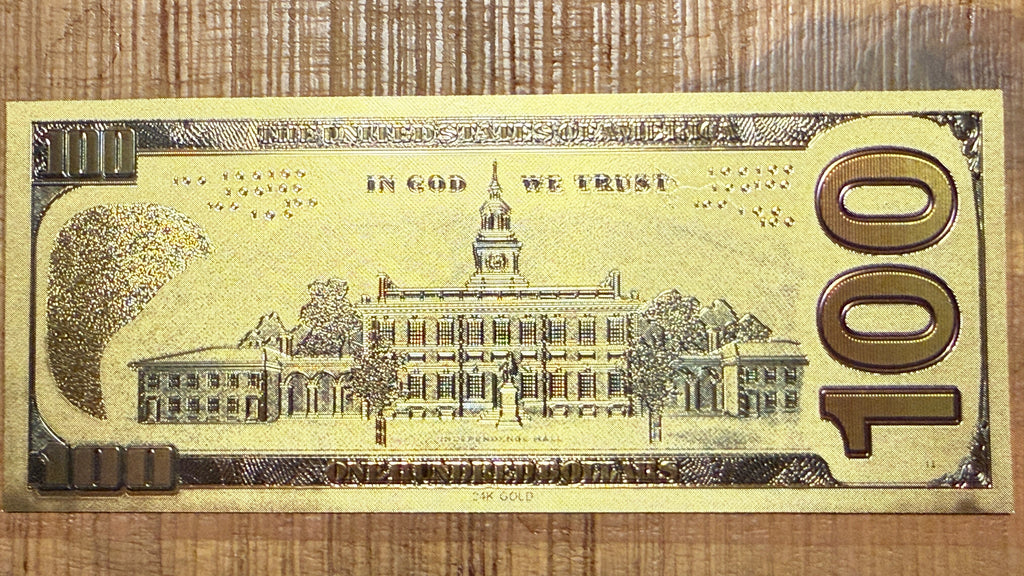 US Currency Souvenir Banknote-Style Gold Foil Bill "$100 Bill" Life Sized