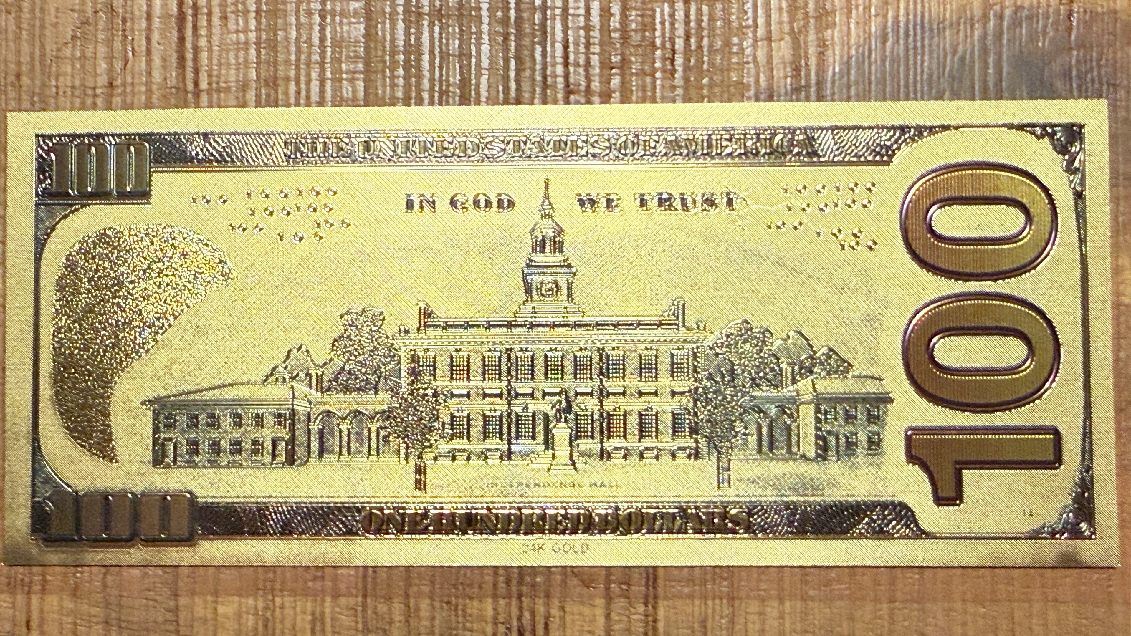 US Currency Souvenir Banknote-Style Gold Foil Bill "$100 Bill" Life Sized