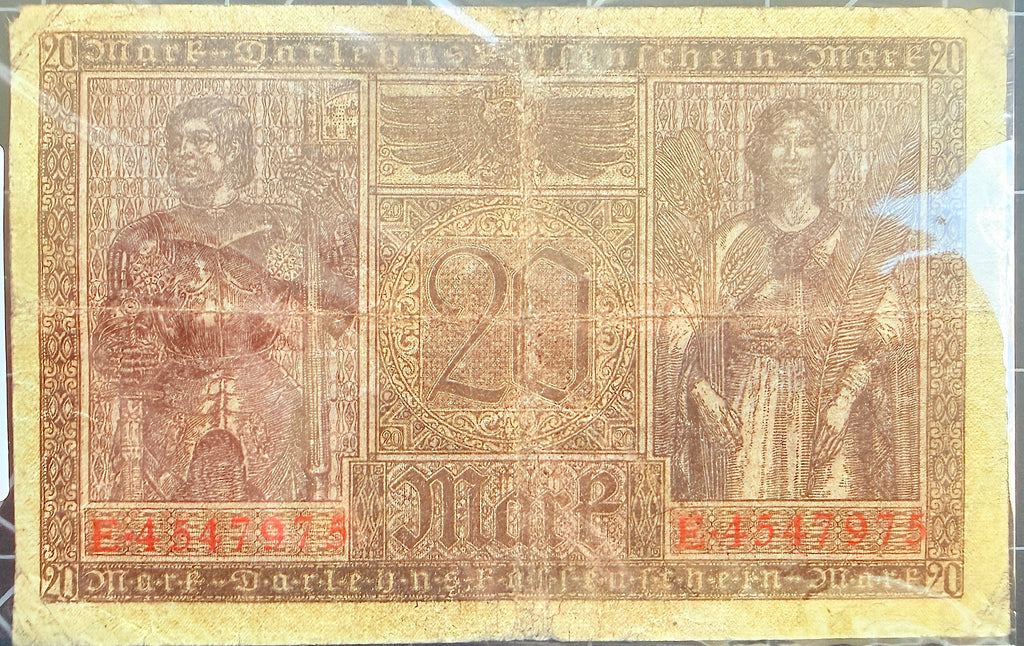 Germany P-57 20 Marks 1918 F Fine—Rich Maroon—Minerva—Mercury