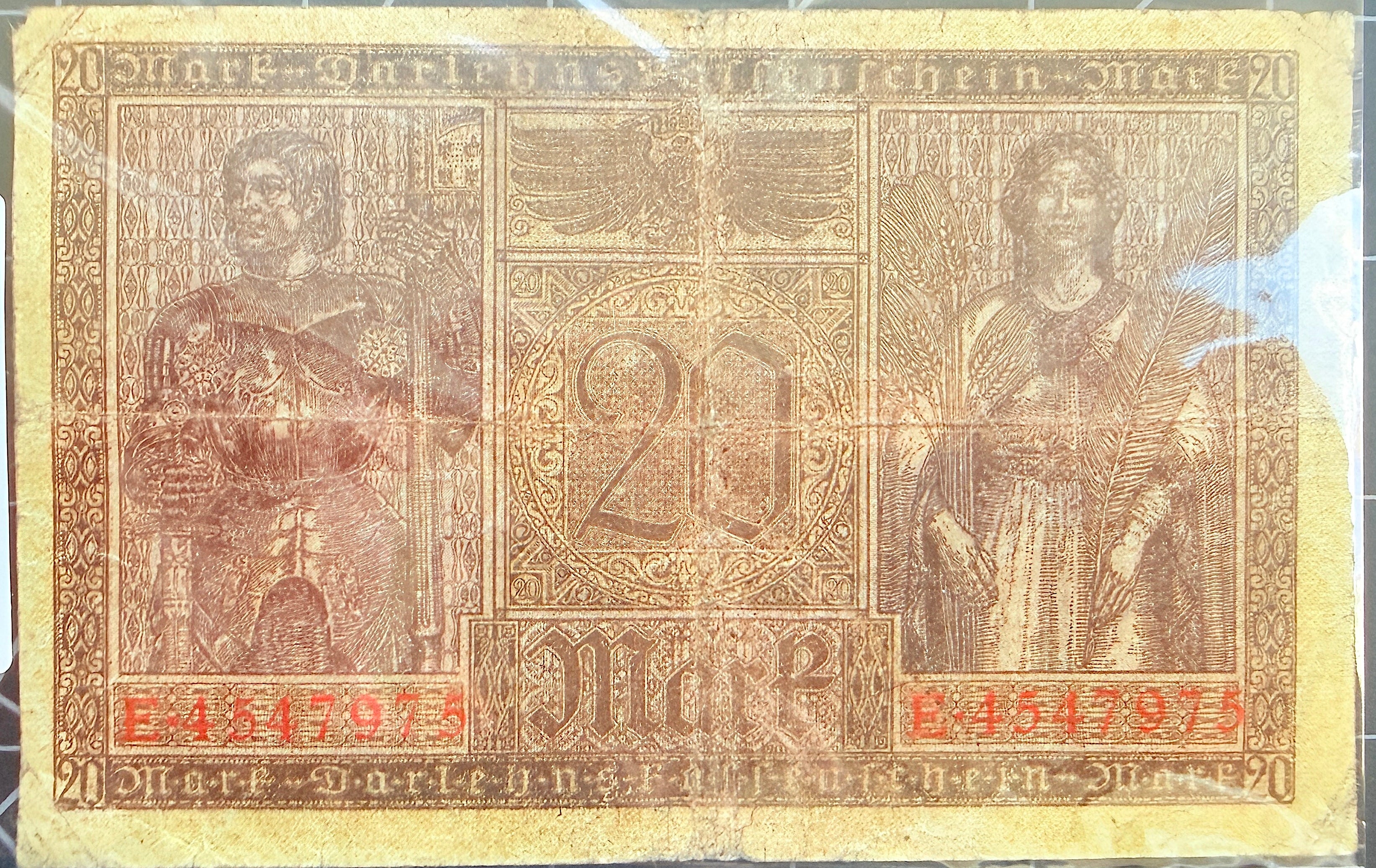 Germany P-57 20 Marks 1918 F Fine—Rich Maroon—Minerva—Mercury