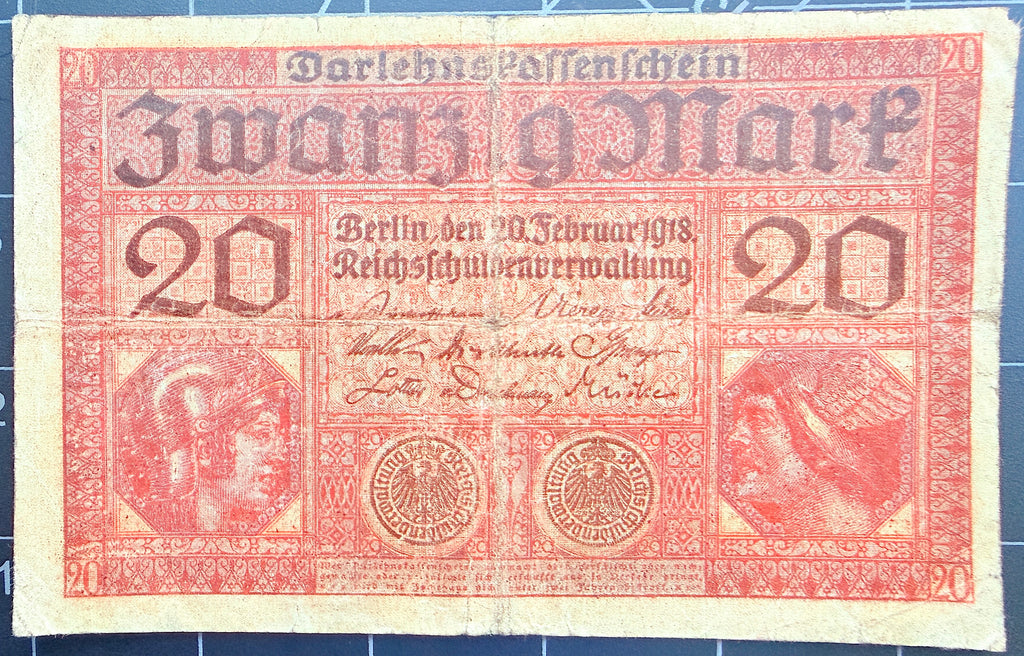 Germany P-57 20 Marks 1918 F Fine—Rich Maroon—Minerva—Mercury