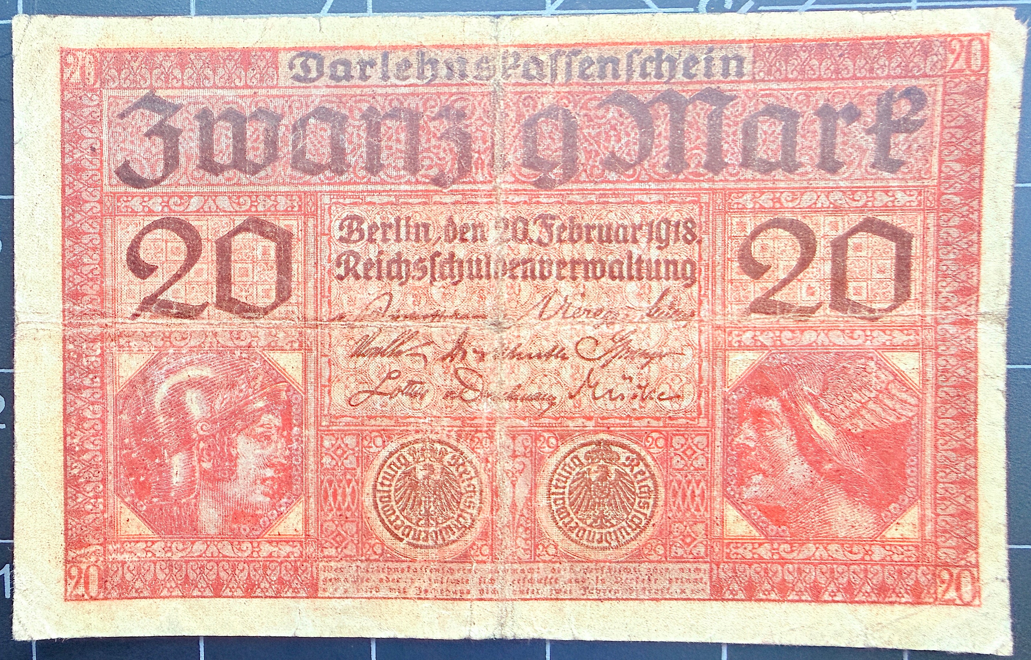 Germany P-57 20 Marks 1918 F Fine—Rich Maroon—Minerva—Mercury