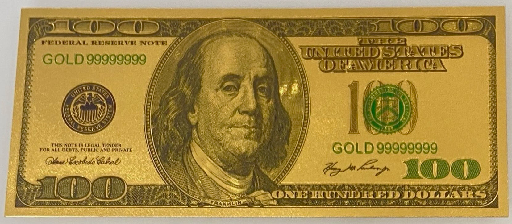 US Currency Souvenir Banknote-Style Gold Foil Bill "$100 Bill" Life Sized
