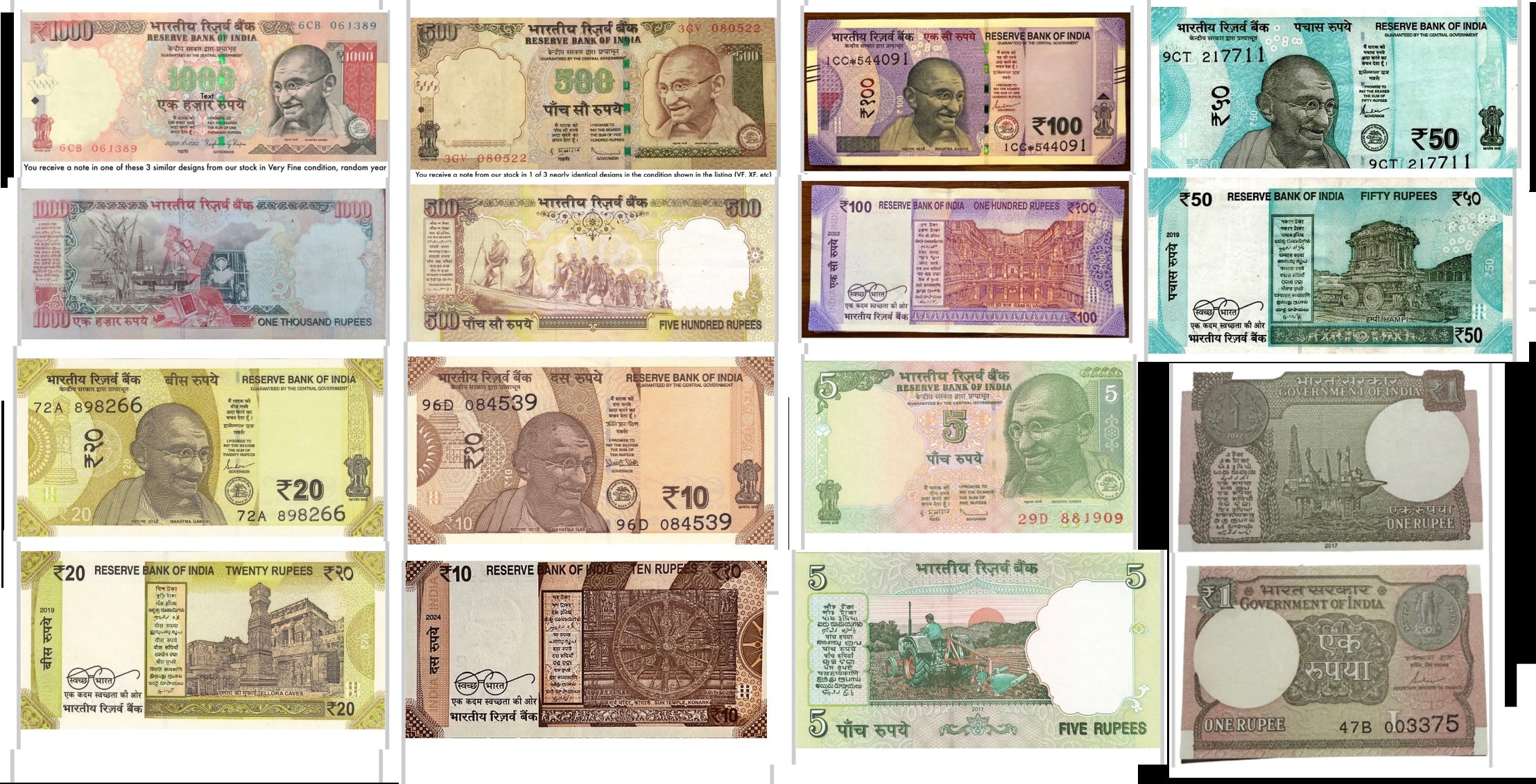 India 8 pc Set 1 5 10 20 50 100 Rupees UNC & 500 1000 Rupees VF (Very Fine)
