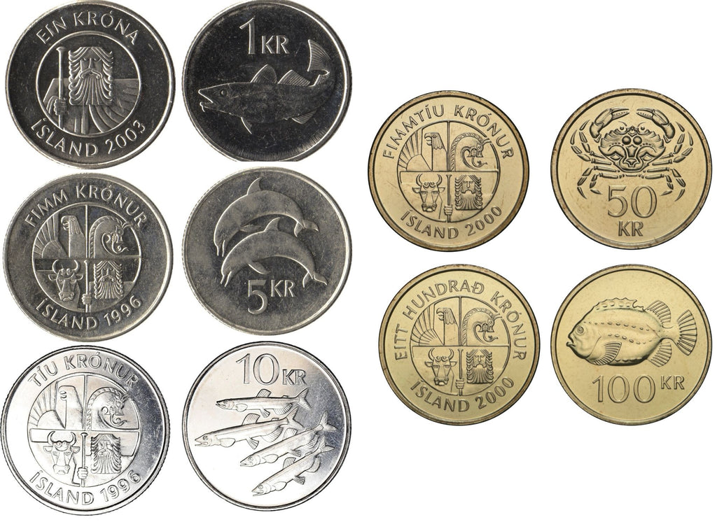 Iceland 5 piece Coin Set 1 5 10 50 100 Kronur KM#27a 28a 29.1a 31 35 XF